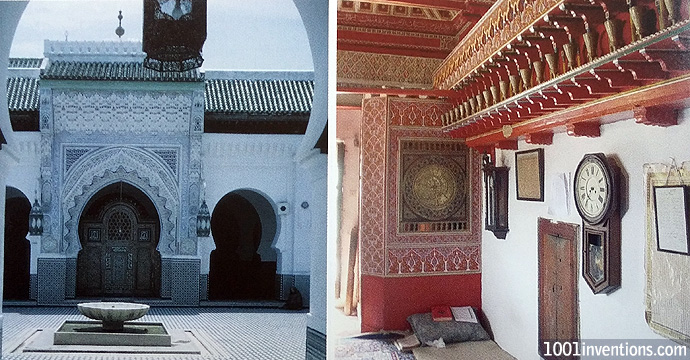 Водяные часы аль-Лиджаи в комнате муваккита (хранителя времени) (справа) в минарете мечети аль-Карауин (слева) в Фесе, Марокко