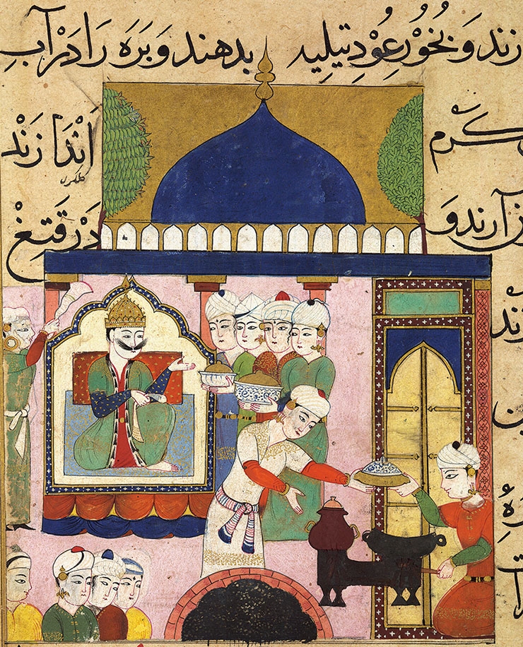 Султан Гияс аль-Дин принимает блюда, приготовленные придворным поваром.