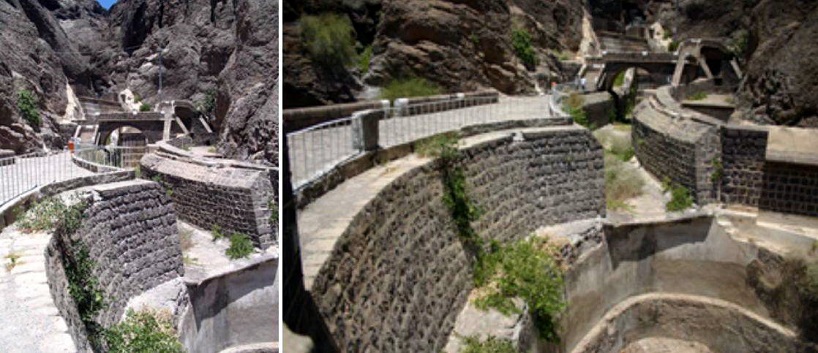 Водные резервуары на реке Тавила юго-западнее Адена, Йемен. Представляют собой ряд бассейнов разной формы и вместимости, связанных друг с другом. 