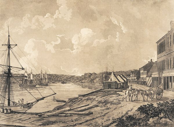 Должно быть, Мамут знал эту верфь в Джорджтауне, запечатленную на гравюре Джорджа Ишема Паркинса (George Isham Parkyns) в 1795 г. По словам одного судовладельца, в молодости Мамут был «лучшим пловцом на реке Потомак»