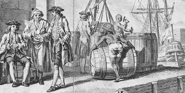 Рабы грузят на корабль бочки с табаком. Иллюстрация из карты Виргинии и провинции Мериленд 1751 г.