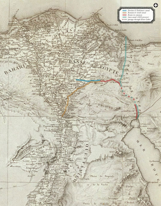 Французская карта дельты Нила с отмеченным на ней первым каналом между Бильбейсом и Суэцем. Позднее этот водный путь оказался невостребованным из-за постройки римско-арабского канала, протянувшегося до самого Каира