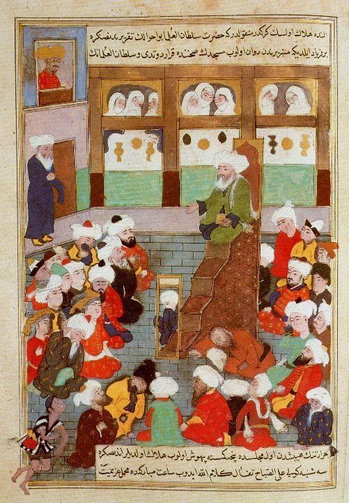 Женщины из соседней комнаты слушают проповедь шейха Баха ад-Дина Валада в Балхе, Афганистан. Миниатюра из «Джами ас-Сияр», 1600г., музей Топкапы, Стамбул