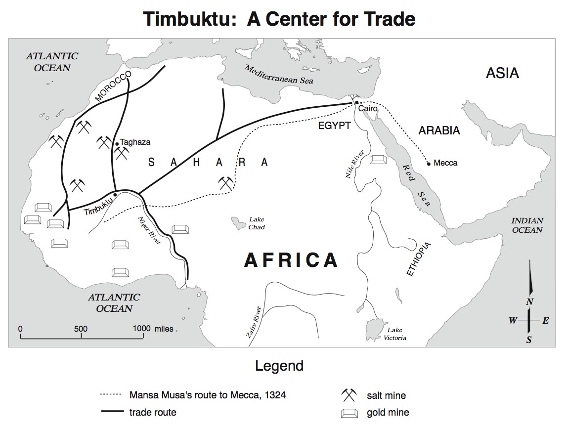Карта Африки с указанием торговых путей, по которым сюда пришел ислам