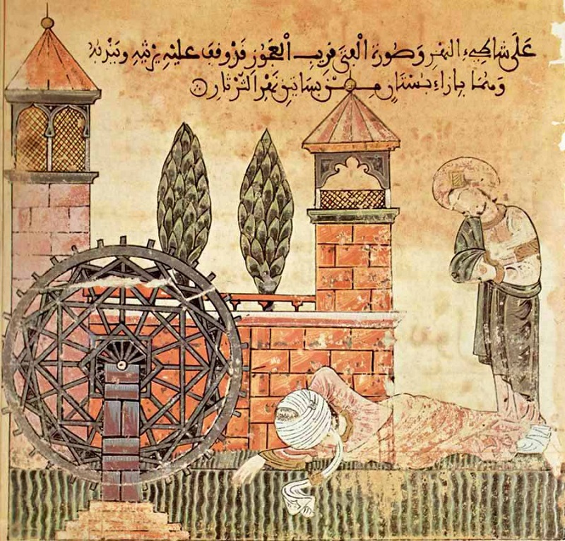 Изображение нории на миниатюре в рукописи андалузской поэмы «Байяд и Рийяд», XIII век.