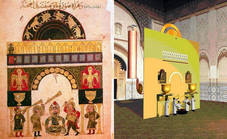 Миниатюра из рукописи с изображением замковых часов (слева), компьютерная реконструкция часов аль-Джазари (справа)