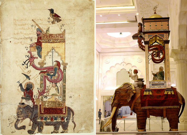 Рисунок часов со слоном из «Книги знаний об остроумных механических устройствах» (слева). Репродукция «часов со слоном» в торговом центре «Ибн Баттута» в Дубае (справа)