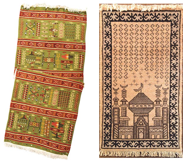 Слева: молитвенный коврик ручной работы (зарбия) (художник Сафия Тимезгин (Safia Timezghine)); справа: молитвенный коврик ручной работы из Ирана (художник Митра Разави (Mitra Razavi))