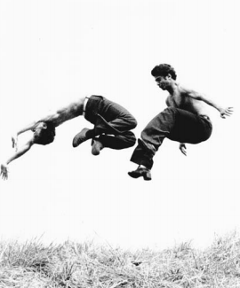 Автор (слева) уходит от двойного прямого удара в воздухе, широко используемого во «внешних» стилях кунг-фу, требующих мышечной силы, скорости и нанесения ударов в воздухе. Импровизация наглядно демонстрирует глубокую синхронизацию движений соперников