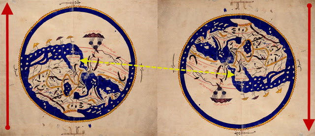 Слева: Оригинальная карта Аль-Идриси (XII в.), чуть выше центра обозначена Мекка, Европа нарисована в нижней правой части.  Справа: Карта Аль-Идриси, перевернутая на 180 градусов в соответствии с современной картографической традицией. Европа — вверху слева, Мекка — несколько ниже центра.