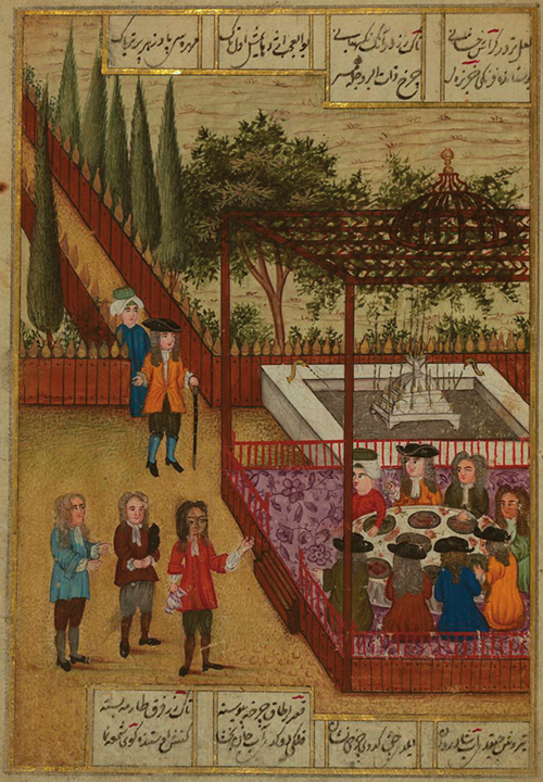  Эта миниатюра изображает европейцев, обедающих в саду с двумя турками. Это событие, возможно, было ознаменовано дарением цветов, семян или клубней или же советом, где их можно приобрести