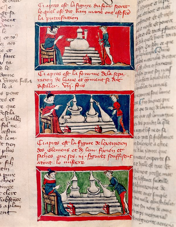 Французская рукопись XIV в. изображает алхимиков за работой