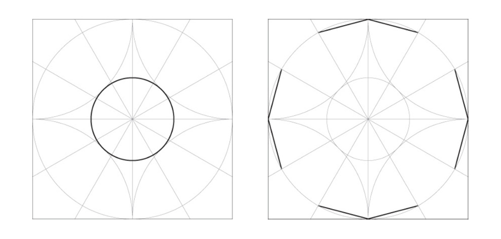 Данный шаблон представляет собой вписанную в квадрат окружность, разделенную на 12 равных сегментов (это можно сделать при помощи циркуля). Ставим иглу циркуля на каждую из четырех вершин квадрата и рисуем четыре дуги.