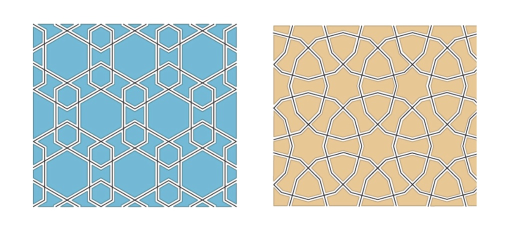 Следующие узоры показывают, как рисунок из частично перекрывающихся шестиугольников можно превратить в двенадцатиугольники.