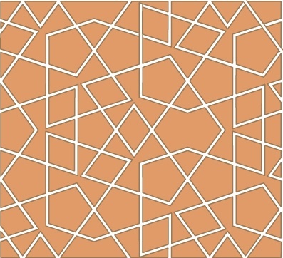 Самые интересные орнаменты в математическом отношении – те, что строятся из пятиугольников, например, который изображен ниже, потому что пятиугольники невозможно множить бесконечно, чтобы заполнить нужную плоскость, как это делают с шестиугольниками, квадратами, треугольниками.