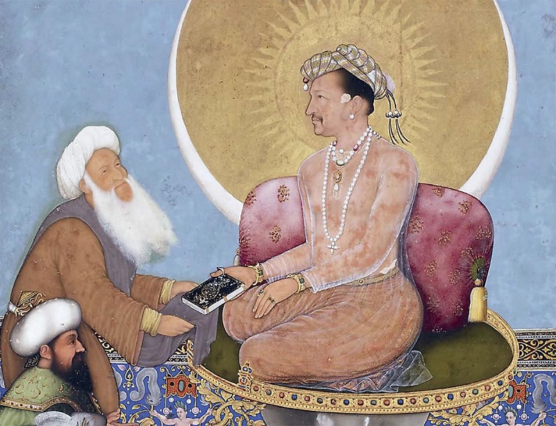 Фрагмент миниатюры придворного художника Моголов Бичитра (XVII век) изображает благочестивого мусульманина, получающего Коран от сидящего четвертого падишаха Моголов Джахангира.